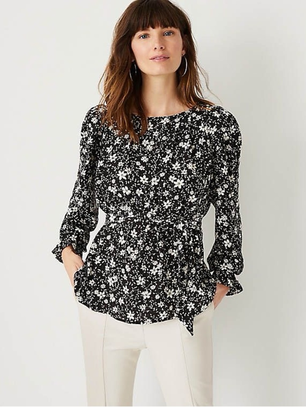 NWT Ann Taylor Floral Mixed Media Tie Waist Top Size Medium